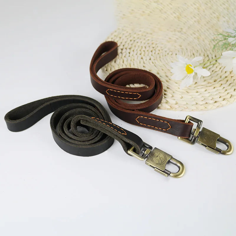 Genuine Leather Dog Leash Vintage Anti-Tangle Lockable Snap Hook Walking Lead Comfort Padded Handle Dog Rope For Medium Dog