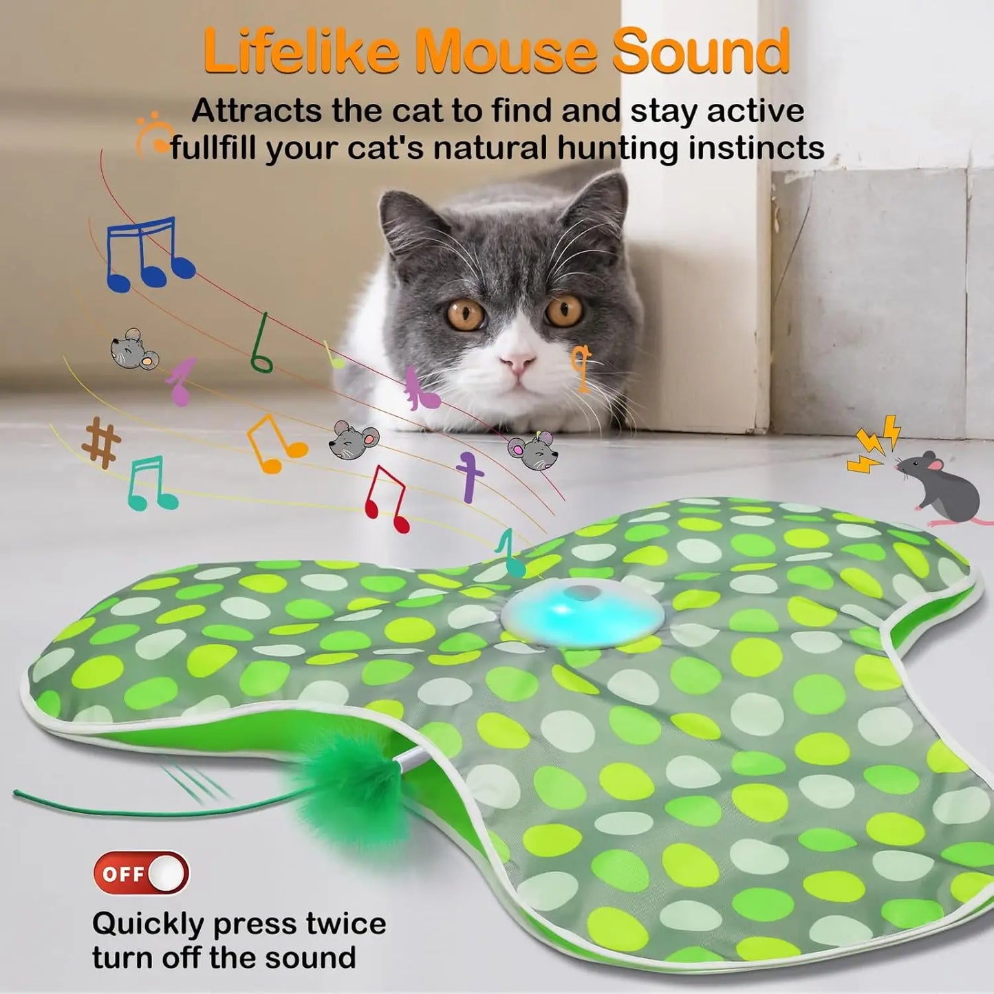 Interactive Cat Toys Rechargeable,Moving Concealed Feathers,Real Mouse Squeaky,Touch Activated Cat Kitten Toy Exercise Toys