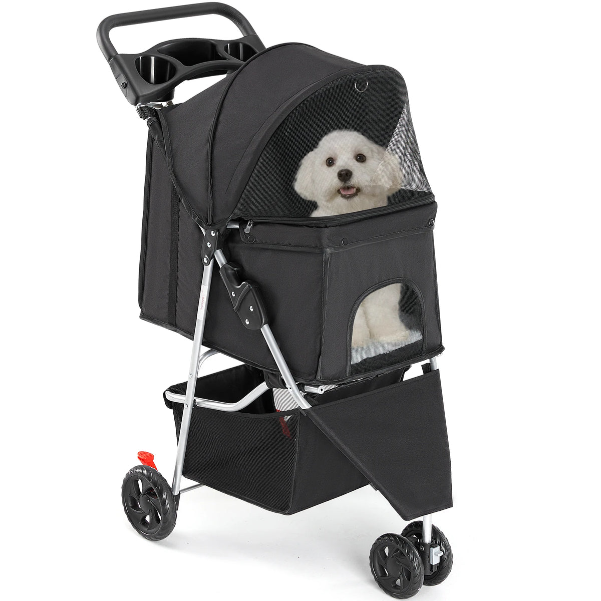 3 Wheels Foldable Pet Stroller for Small Dogs and Cats Stroller with Mesh Windows Storage Basket Cup Holder for Outdoor Use