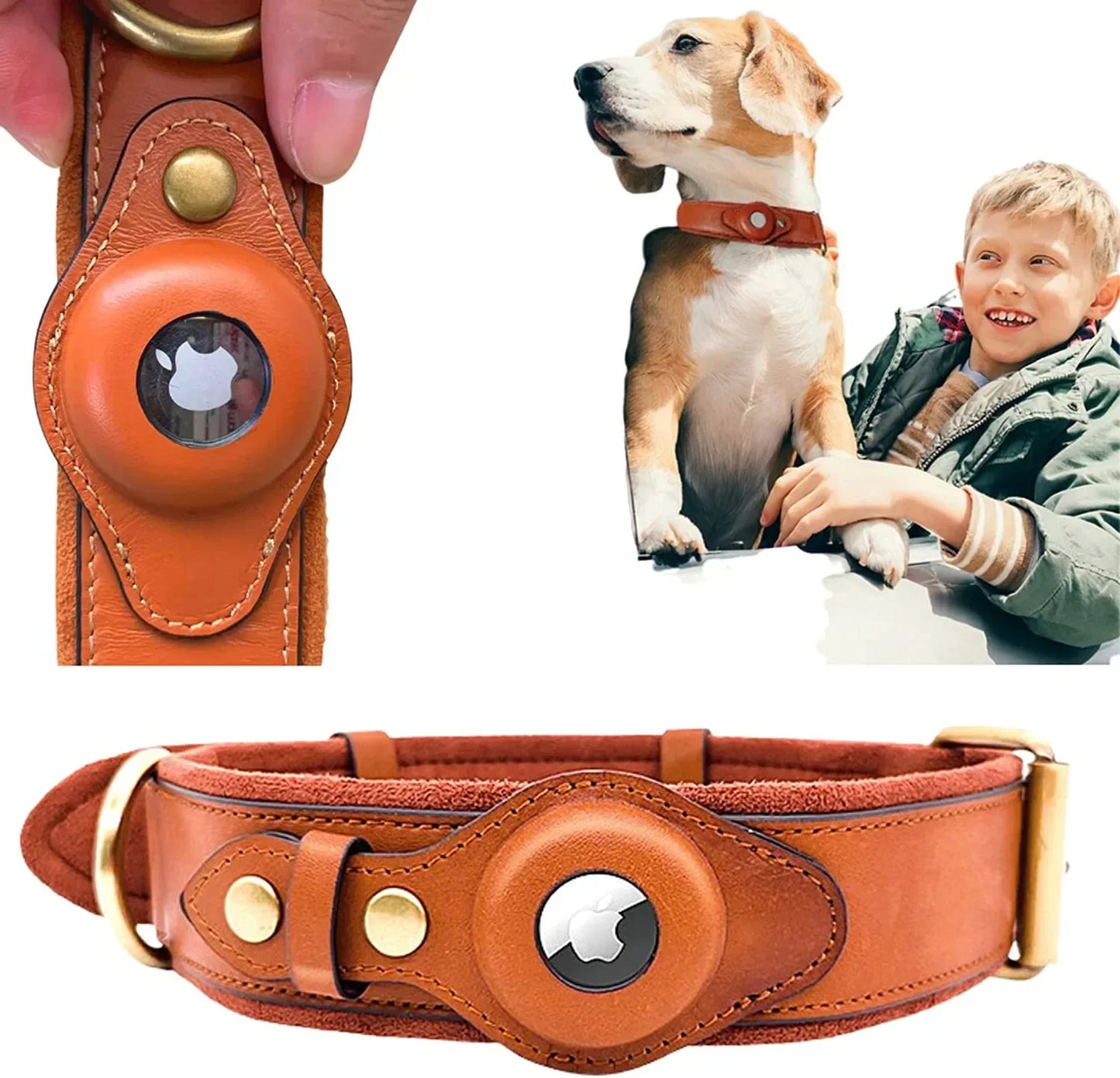 Solid and Anti Loss Genuine Leather Airtag Heavy Duty Dog Collar