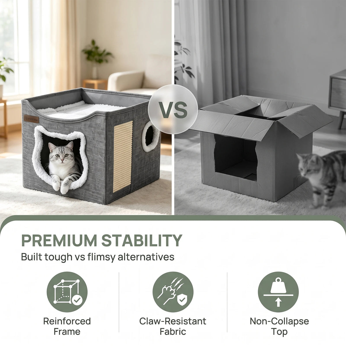 A Three-In-One Foldable Cat Bed And Scratching Post, With A Cat Face-Shaped Design Featuring Soft Fringes And A Door Opening. The Cat Den Bed With Wear-Resistant Rattan Scratching Board. A Spacious Top Lounge Platform For The