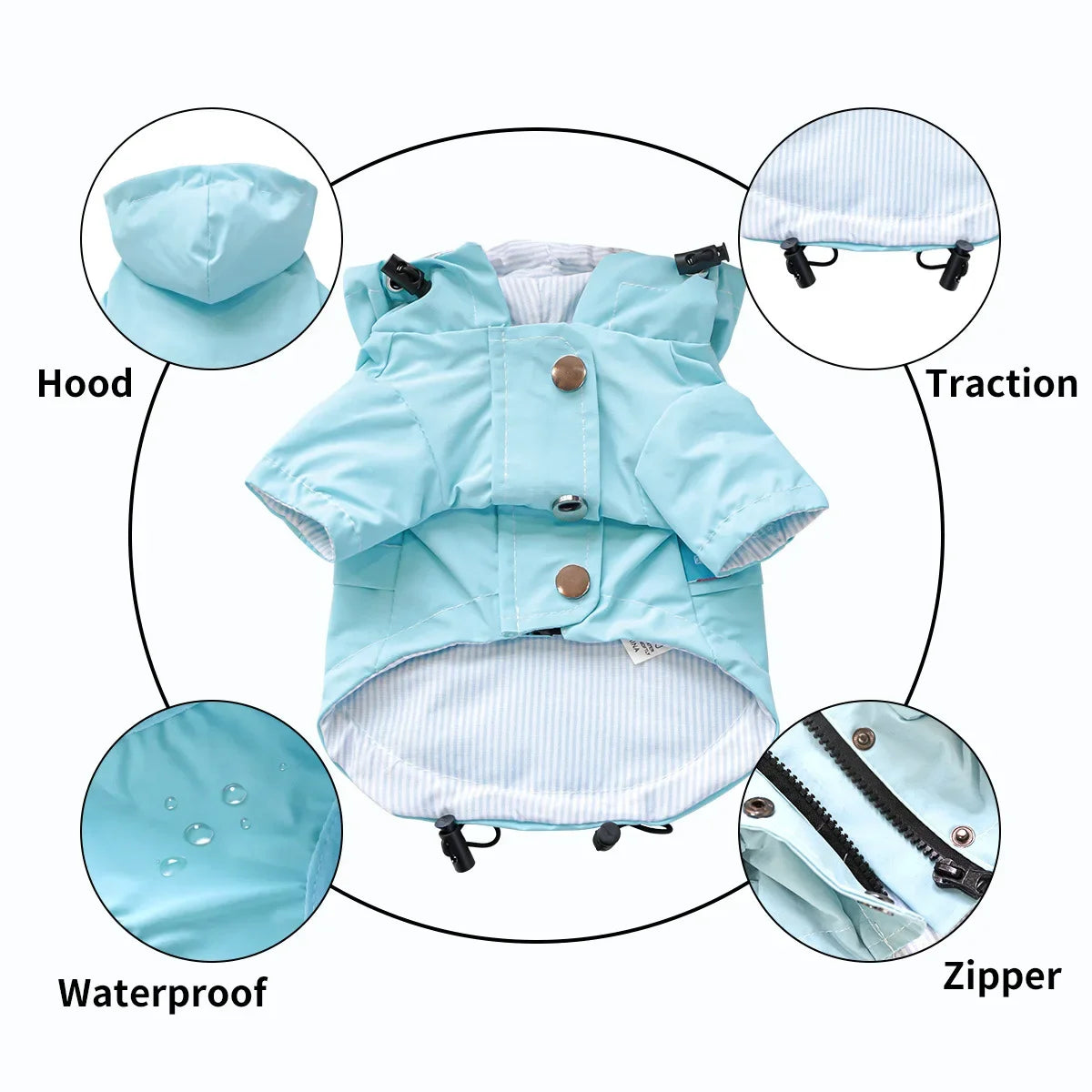 Waterproof Pet Dog Coat for Small Medium Large Dogs, Hooded Windproof Dog Raincoat Jacket, Light Blue Pet Clothes