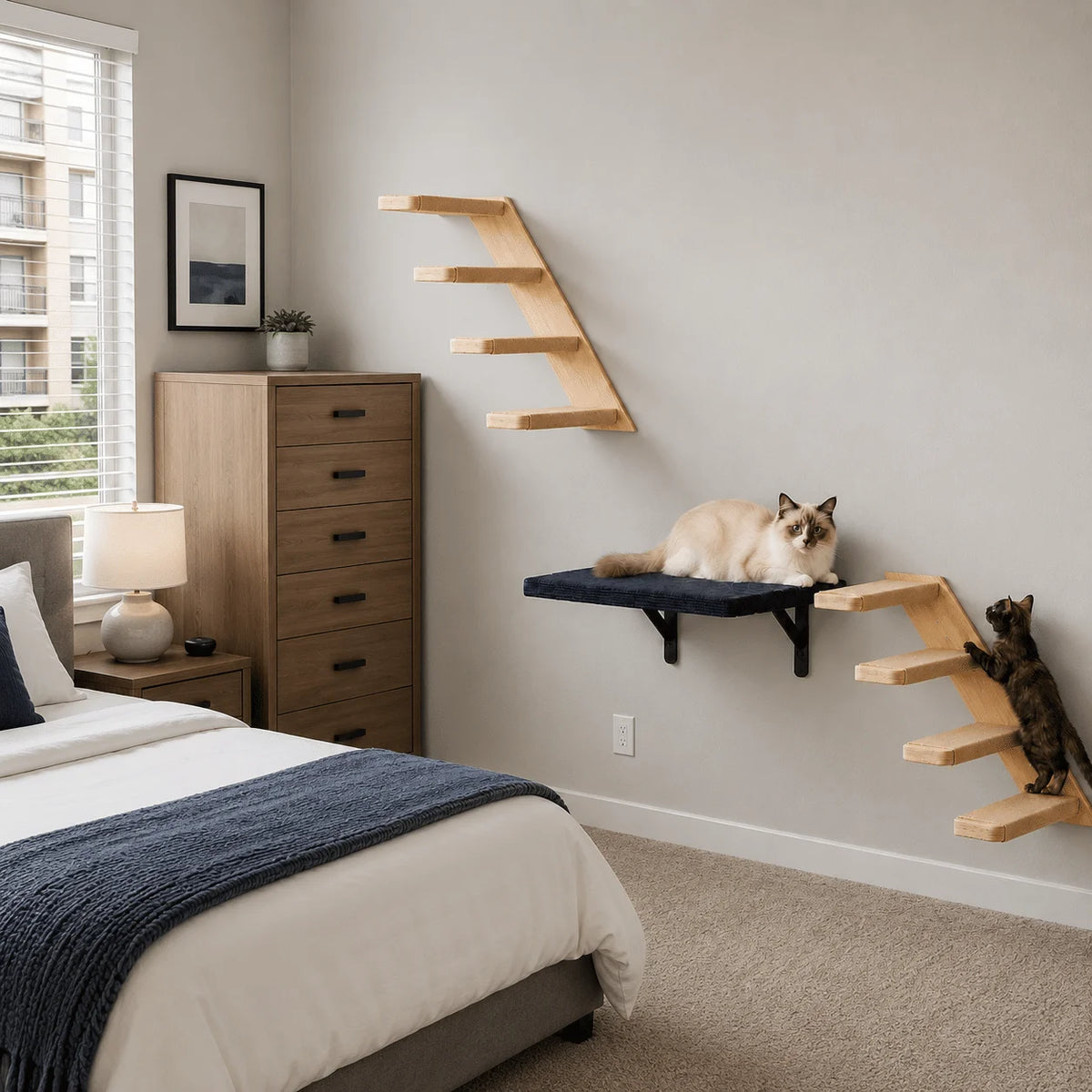 Wall-Mounted Cat Stairs Set with Shelf Includes 2x 4-Step Cat Climbing Ladders & 1x Wall Shelf Paulownia Wood Steps Wrapped in Jute Rope