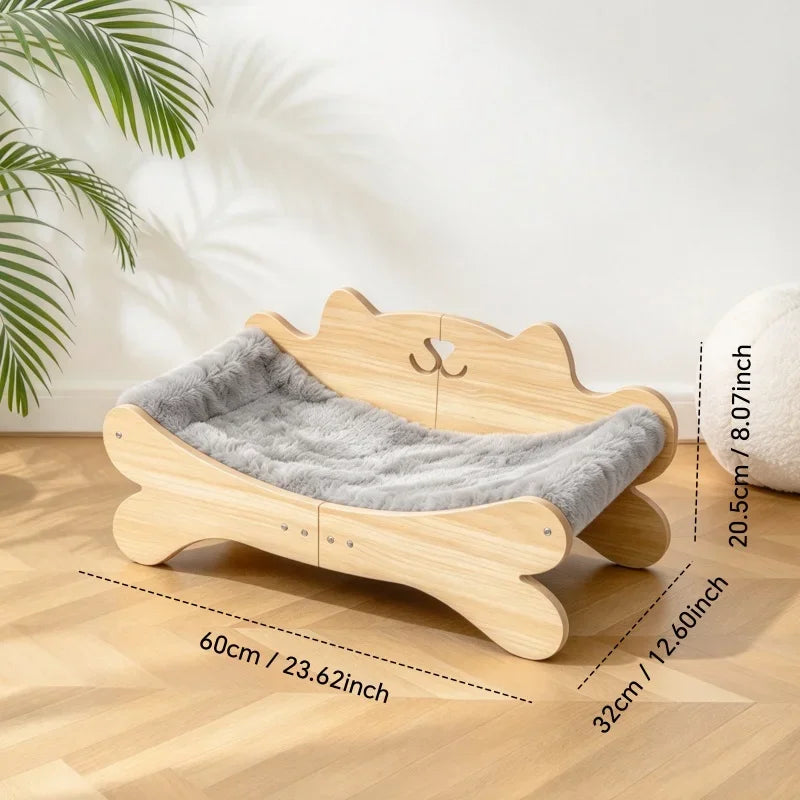 Coral Fleece Wooden Cat Bed, Elevated Anti-Slip Cat Lounge Chair, Modern Curved Pet Sofa for Indoor Kittens