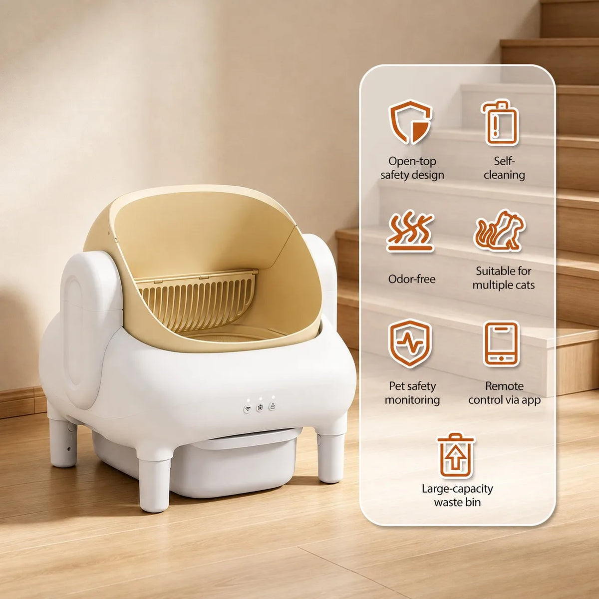 Champagne Smart Self Cleaning Cat Litter Box Beige Sofa Shape WiFi APP Control Automatic Cat Toilet Anti-Pinch Odor Sealed with Cleaning Brush Waste Bags for Large Multi-Cat Household