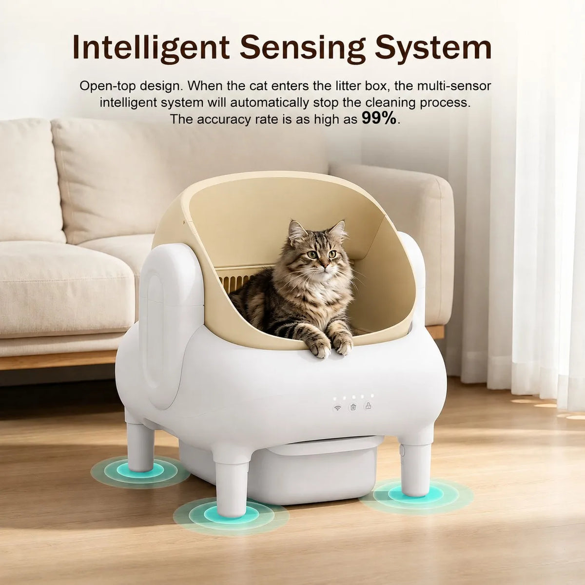 Champagne Smart Self Cleaning Cat Litter Box Beige Sofa Shape WiFi APP Control Automatic Cat Toilet Anti-Pinch Odor Sealed with Cleaning Brush Waste Bags for Large Multi-Cat Household