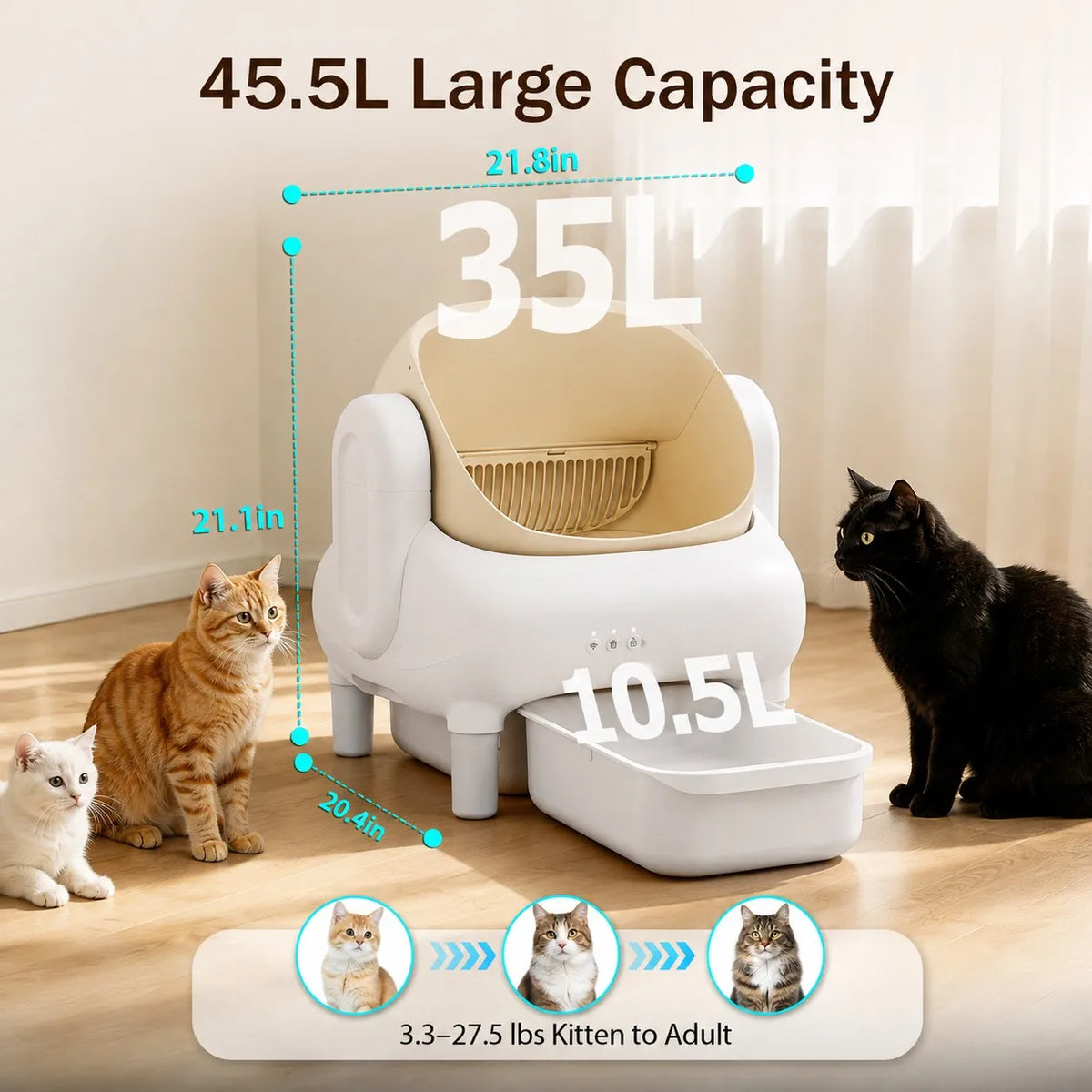Champagne Smart Self Cleaning Cat Litter Box Beige Sofa Shape WiFi APP Control Automatic Cat Toilet Anti-Pinch Odor Sealed with Cleaning Brush Waste Bags for Large Multi-Cat Household