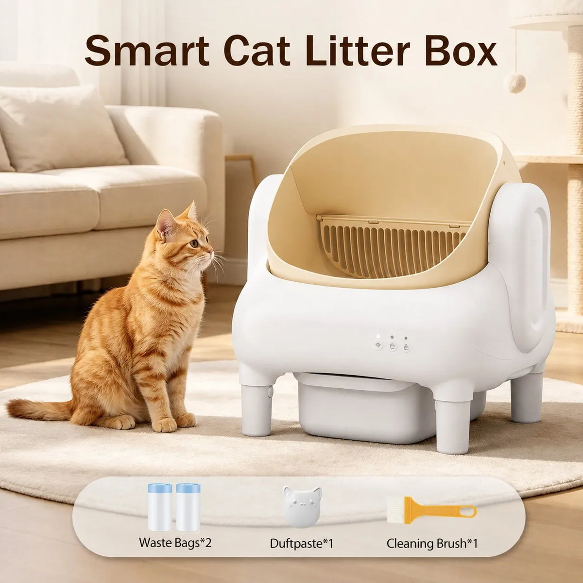Champagne Smart Self Cleaning Cat Litter Box Beige Sofa Shape WiFi APP Control Automatic Cat Toilet Anti-Pinch Odor Sealed with Cleaning Brush Waste Bags for Large Multi-Cat Household