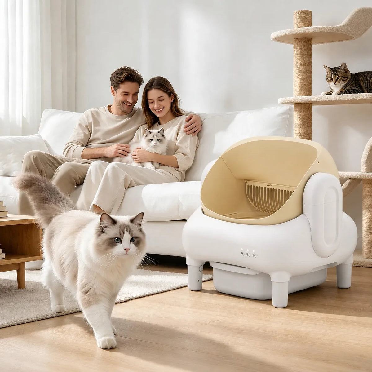 Champagne Smart Self Cleaning Cat Litter Box Beige Sofa Shape WiFi APP Control Automatic Cat Toilet Anti-Pinch Odor Sealed with Cleaning Brush Waste Bags for Large Multi-Cat Household