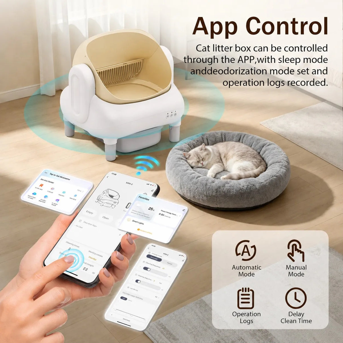 Champagne Smart Self Cleaning Cat Litter Box Beige Sofa Shape WiFi APP Control Automatic Cat Toilet Anti-Pinch Odor Sealed with Cleaning Brush Waste Bags for Large Multi-Cat Household