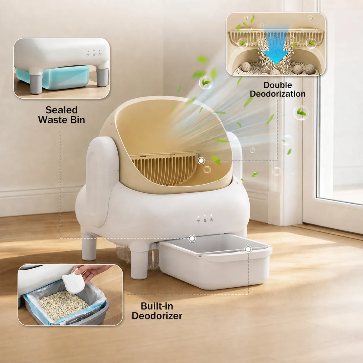 Champagne Smart Self Cleaning Cat Litter Box Beige Sofa Shape WiFi APP Control Automatic Cat Toilet Anti-Pinch Odor Sealed with Cleaning Brush Waste Bags for Large Multi-Cat Household