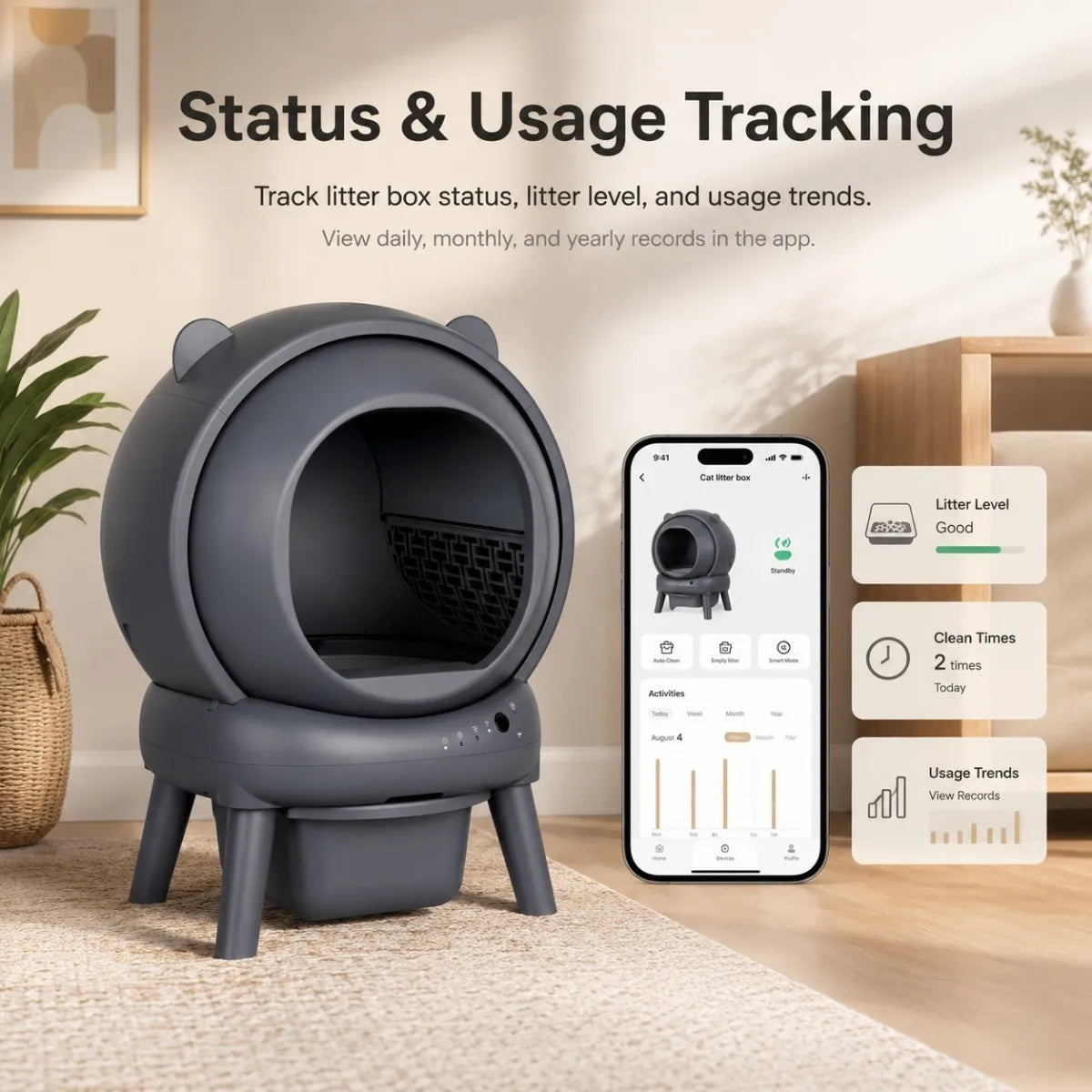 Cumrige Automatic Self Cleaning Cat Litter Box with Smart App Control, Safety Sensors for Multiple Cats Household , Odor Control & Quiet Operation - Gray