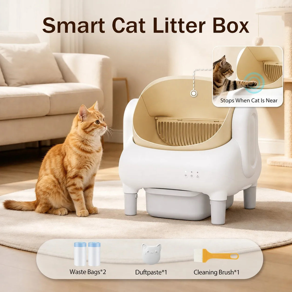 Champagne Smart Self Cleaning Cat Litter Box Beige Sofa Shape WiFi APP Control Automatic Cat Toilet Anti-Pinch Odor Sealed with Cleaning Brush Waste Bags for Large Multi-Cat Household