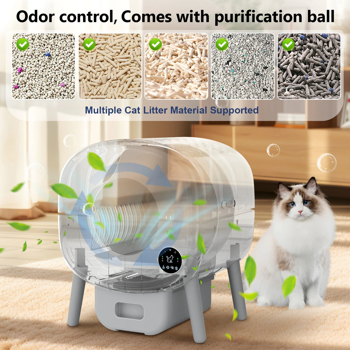 Smart Self Cleaning Cat Litter Box, Large Capacity Automatic Cat Litter Box with App Control & Safety Protection for Multi
