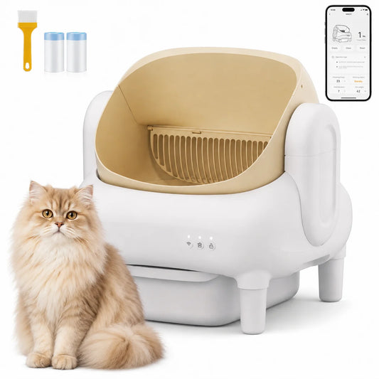 Champagne Smart Self Cleaning Cat Litter Box Beige Sofa Shape WiFi APP Control Automatic Cat Toilet Anti-Pinch Odor Sealed with Cleaning Brush Waste Bags for Large Multi-Cat Household