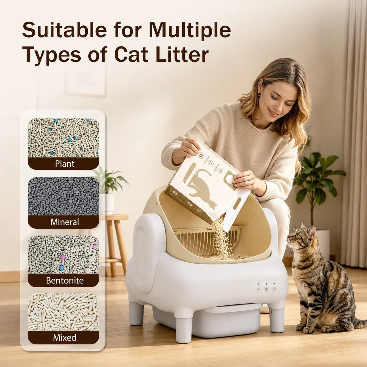 Champagne Smart Self Cleaning Cat Litter Box Beige Sofa Shape WiFi APP Control Automatic Cat Toilet Anti-Pinch Odor Sealed with Cleaning Brush Waste Bags for Large Multi-Cat Household