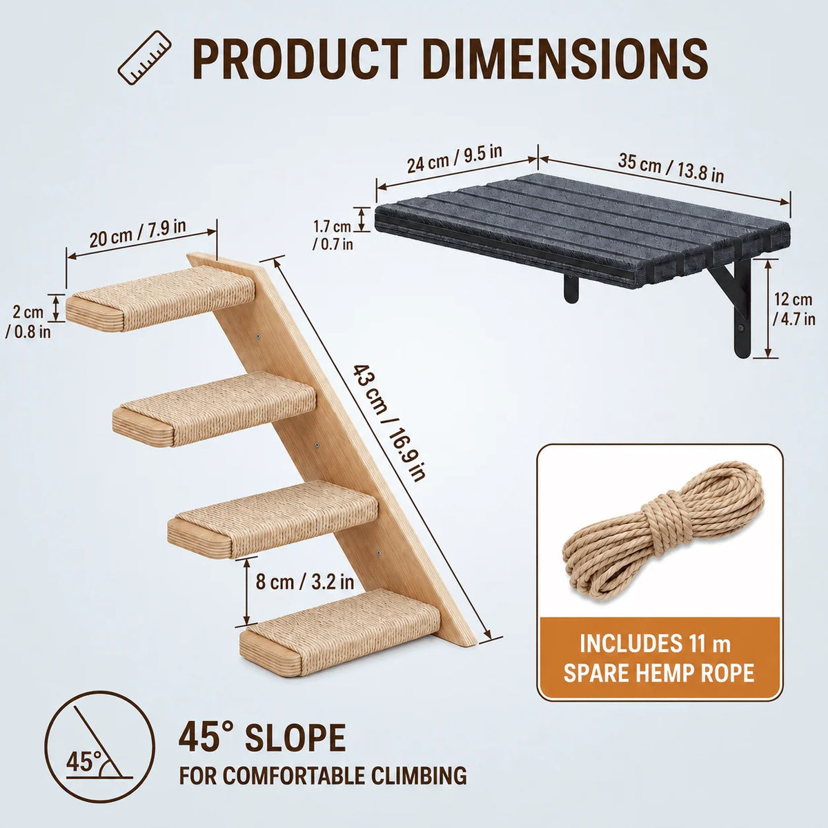 Wall-Mounted Cat Stairs Set with Shelf Includes 2x 4-Step Cat Climbing Ladders & 1x Wall Shelf Paulownia Wood Steps Wrapped in Jute Rope