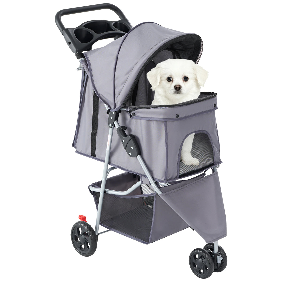 3 Wheels Foldable Pet Stroller for Small Dogs and Cats Stroller with Mesh Windows Storage Basket Cup Holder for Outdoor Use