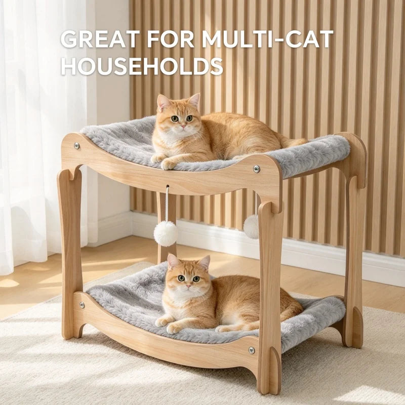 Christmas 2-Tier Wooden Cat Bed with Plush Pad, Ergonomic Curved Cat Lounge Chair, Holiday Pet Sofa Gift