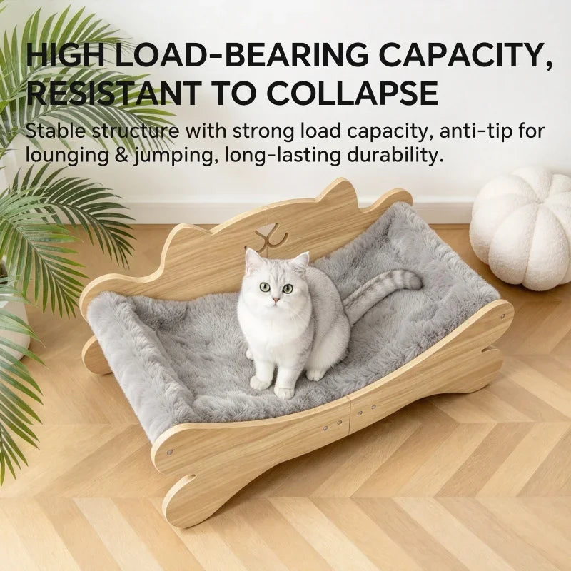 Coral Fleece Wooden Cat Bed, Elevated Anti-Slip Cat Lounge Chair, Modern Curved Pet Sofa for Indoor Kittens