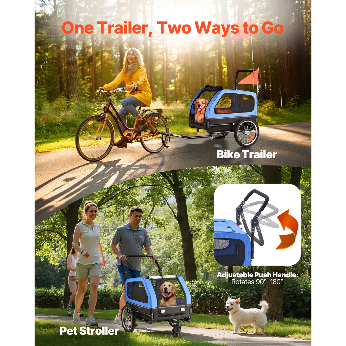 88 lbs Dog Bike Trailer 2-in-1 Pet Stroller Cart Bicycle Carrier with Wheel & Universal Coupler for Small & Large Dogs