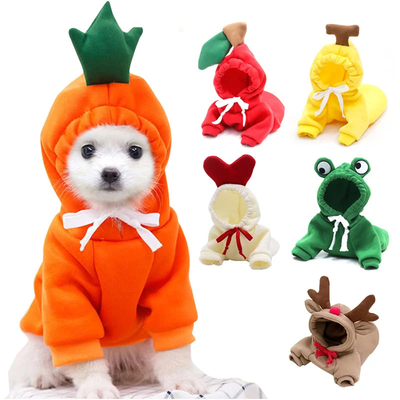 Cute Cartoon Fruit Frog Banana Carrot Pet Hoodie, Winter Warm Fleece Dog Clothes, Funny Cosplay Costume for Small Puppy Cat, Outfit for Chihuahua French Bulldog