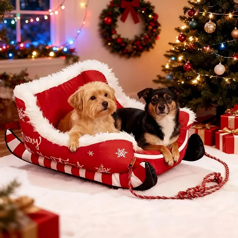 Christmas Sleigh Bed  Removable Washable Plush Pet Warm Sofa with Non-Slip Base Christmas Cat Dog Nest for Winter Indoor Outdoor
