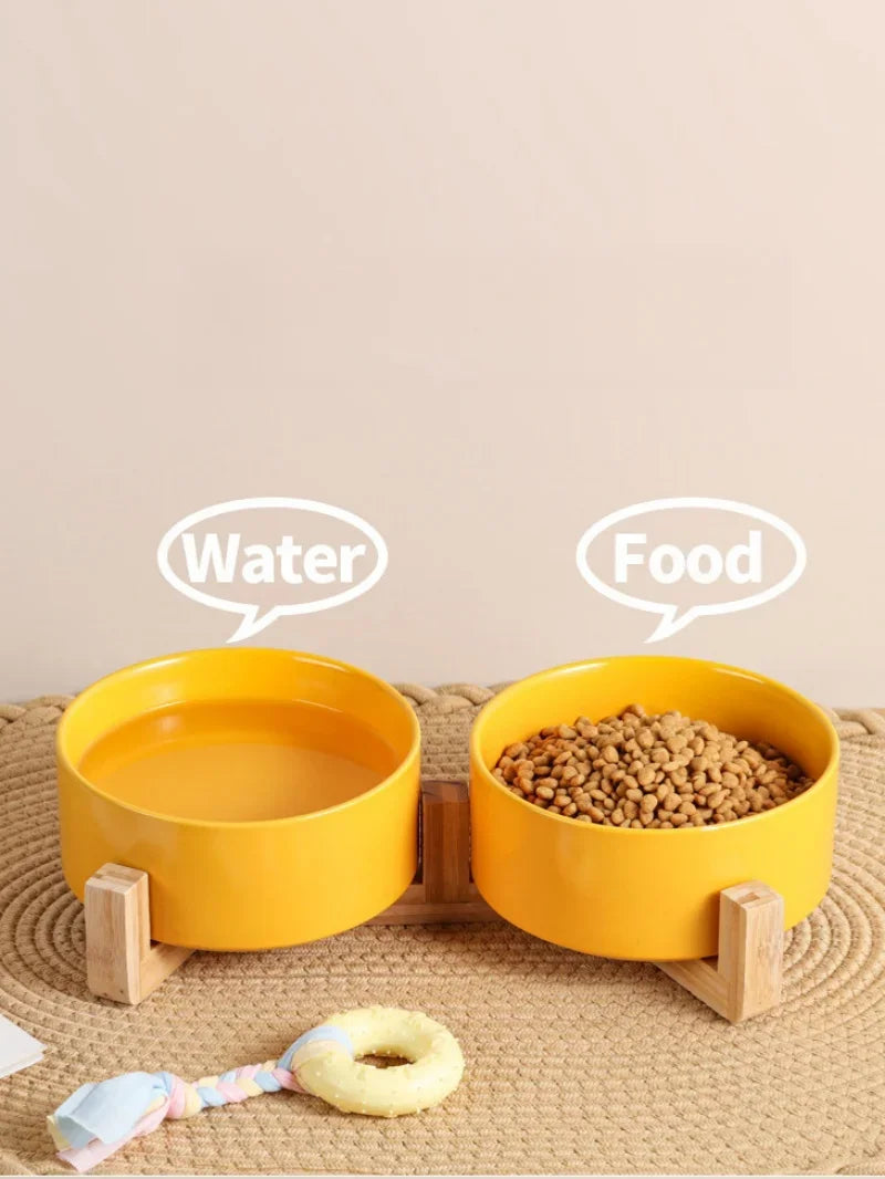 Ceramic Double Pet Bowl with Wood Stand - No Spill Food & Water Feeder for Dogs, Cats, Small & Large Pets
