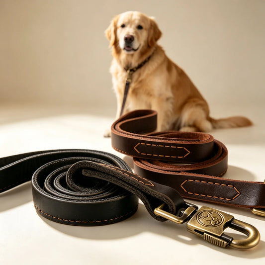 Genuine Leather Dog Leash Vintage Anti-Tangle Lockable Snap Hook Walking Lead Comfort Padded Handle Dog Rope For Medium Dog