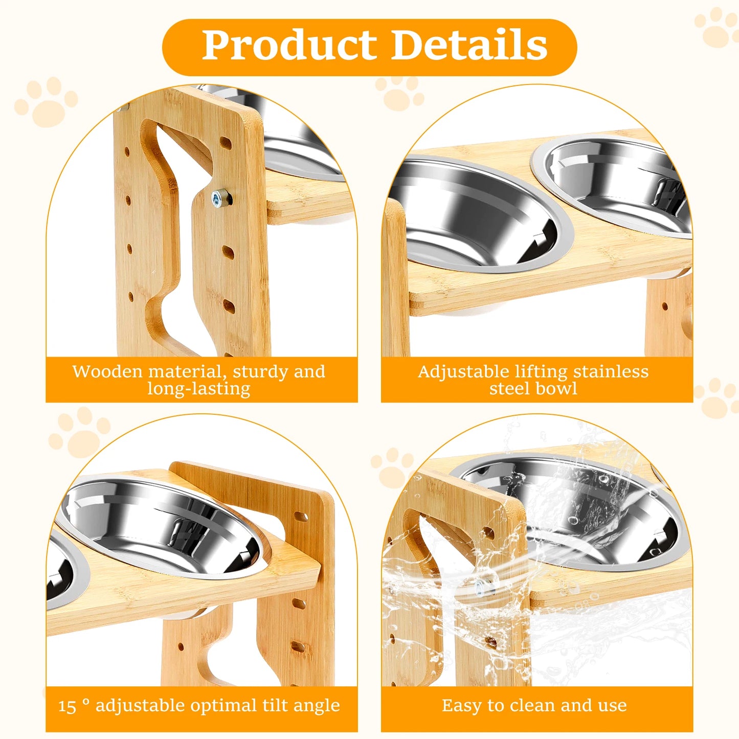 Wooden Elevated Cat Dog feeder Bowl Stand with 2 Stainless Steel Feeder bowl for Dry Wet Food Water Anti Slip Pet Supplies