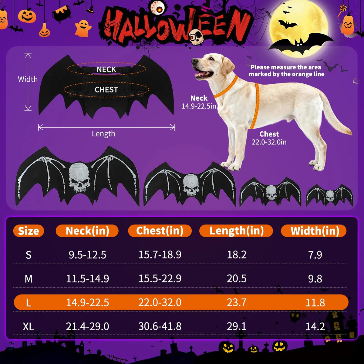 Halloween Dog bat Wing Costumes L，pet Costumes for Halloween Party Skeleton Print On The Back，Pumpkin Bell，Neck & Chest Adjustable nylon Straps，Lightweight Felt Comfort,for large dogs