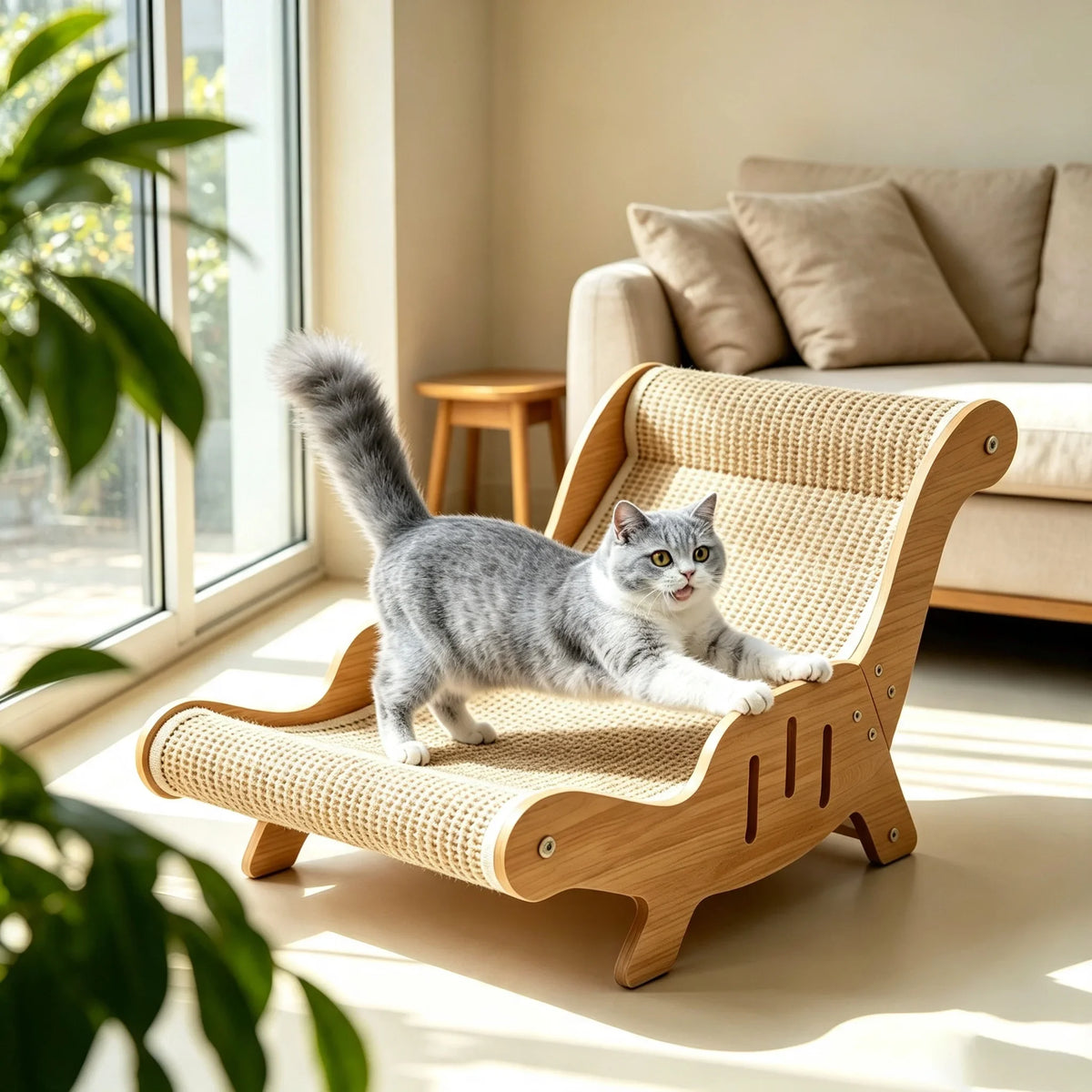 Sisal Cat Chair Wooden Cat Lounge Chair Pet-Friendly Multi-Functional Cat Scratcher Cat Scratch Chair for Playing Cat Supplies