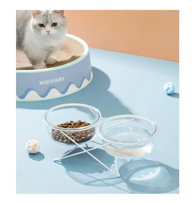 Cat Glass Food Water Bowl Elevated Small Dog Double Drinking Eating Bowls Pet Transparent Feeding Basin with Stand