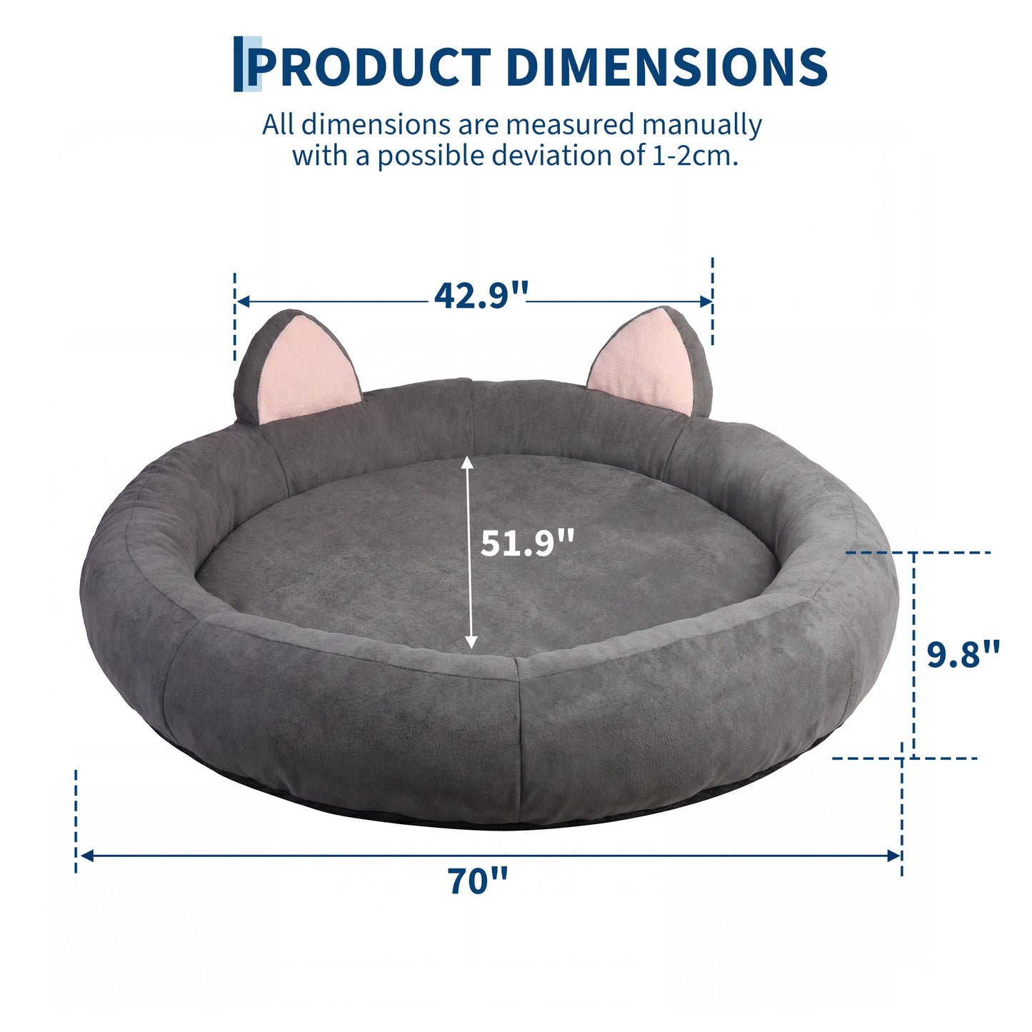 Round Dog Bed XXL Extra Large 9.8" Thick Pet Couch Memory Foam Pet Couch for Large & Senior Dogs Supportive Bolster Design Brown Grey
