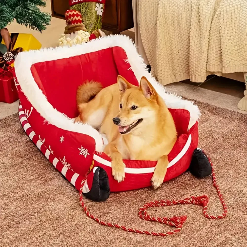 Christmas Sleigh Bed  Removable Washable Plush Pet Warm Sofa with Non-Slip Base Christmas Cat Dog Nest for Winter Indoor Outdoor
