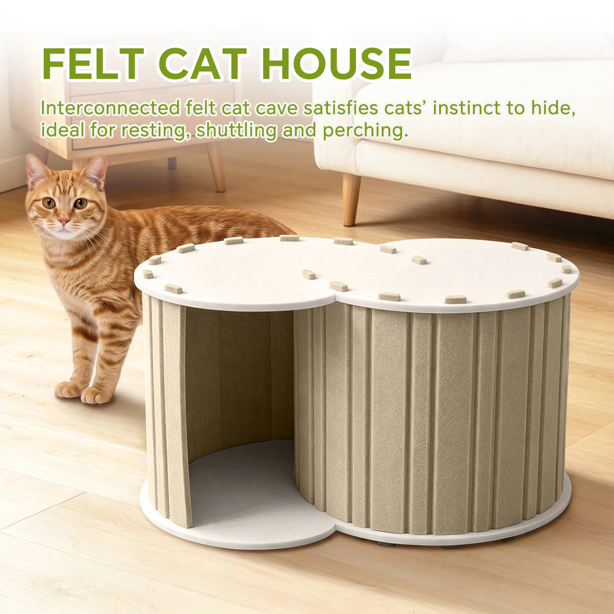Indoor Cat Foldable Cat House - A Connected Double-Door Cat Tunnel and Semi-Enclosed Cat Hideout; Easy to Assemble; A Felt Pet House Suitable for Multiple Cats to Play and Rest - Christmas Gift