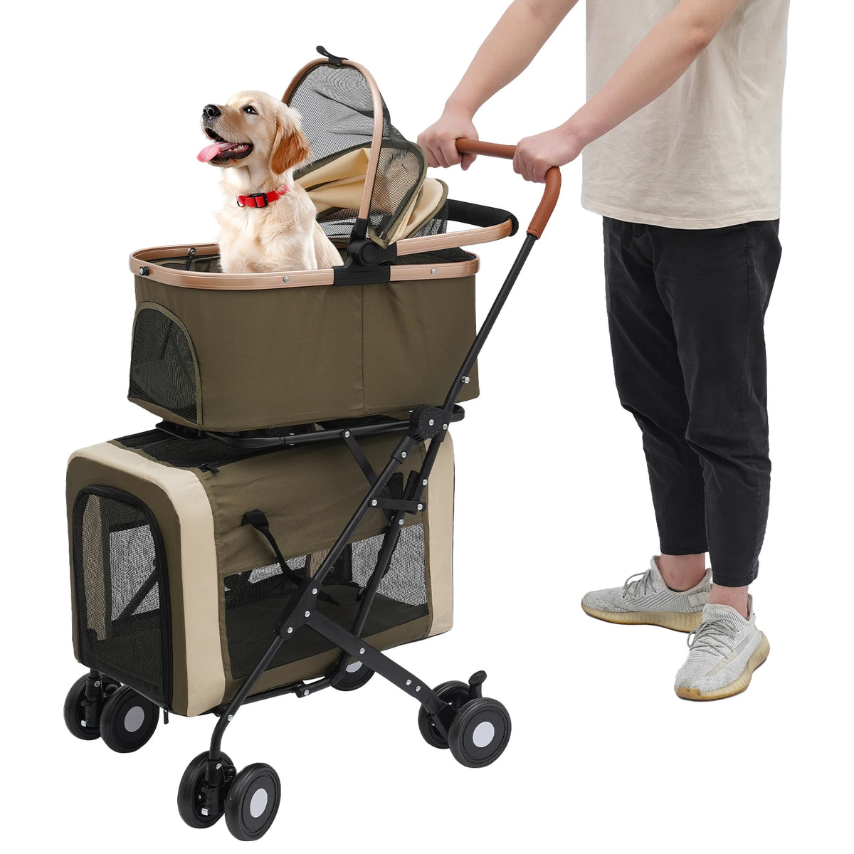Foldable Pet Stroller for Small/Medium Pets—18.1x22.8x38.2in, 2-Tier Design+Safety Locks, Sunshade+Cushions, Ideal for Travel