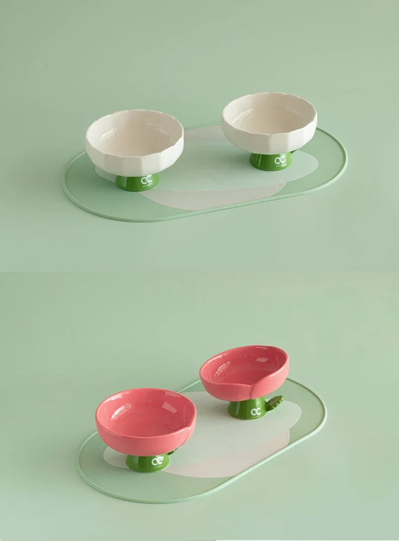 Tulip Shaped Elevated Ceramic Cat Bowl, Raised Pet Food Water Bowl for Cats, Anti-Vomiting Kitten Feeder