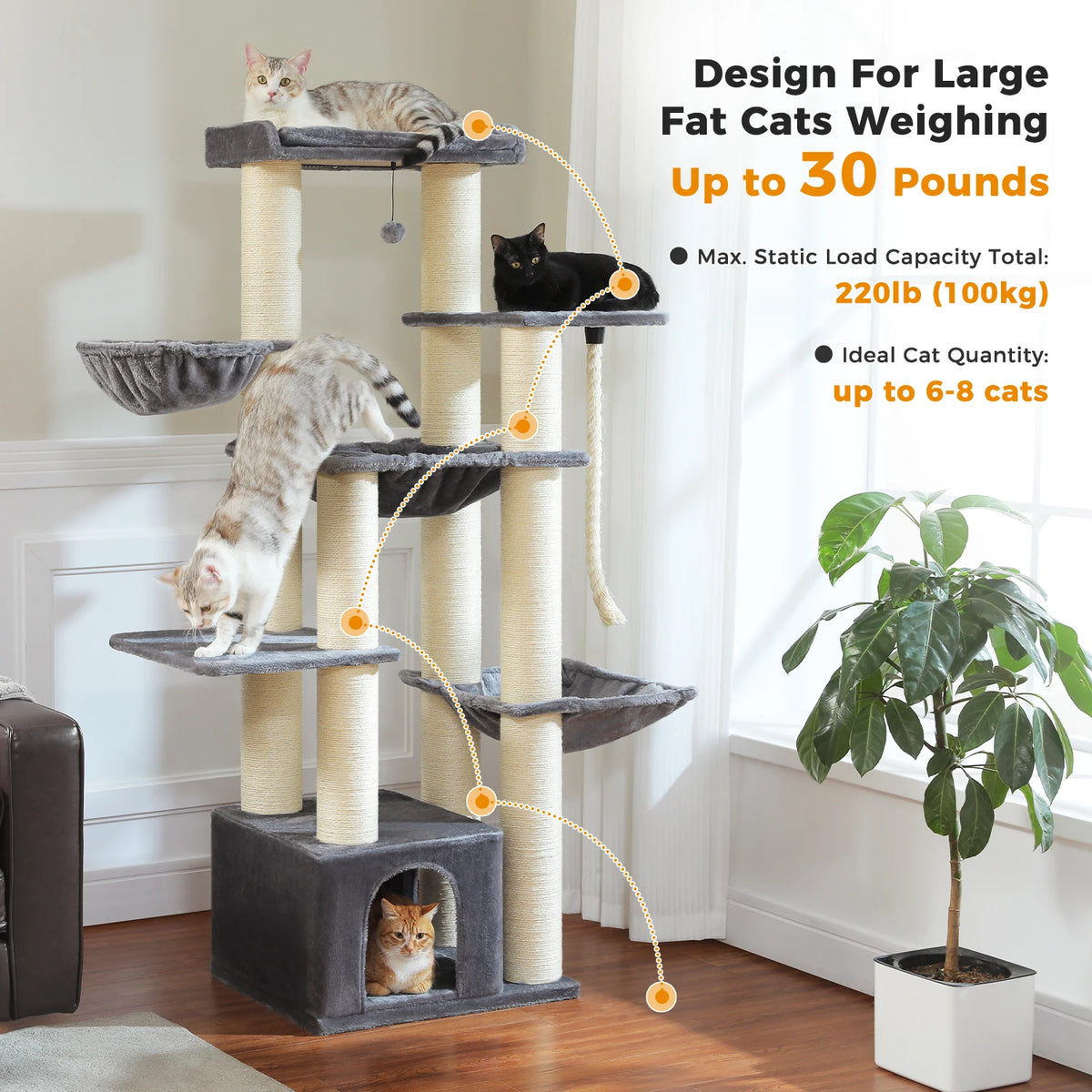 Large Cat Tree for Big Cats Robust Cat Tower with Several Levels Cat House Climbing Tree with Hammock 11 Sisal Posts Large Perch