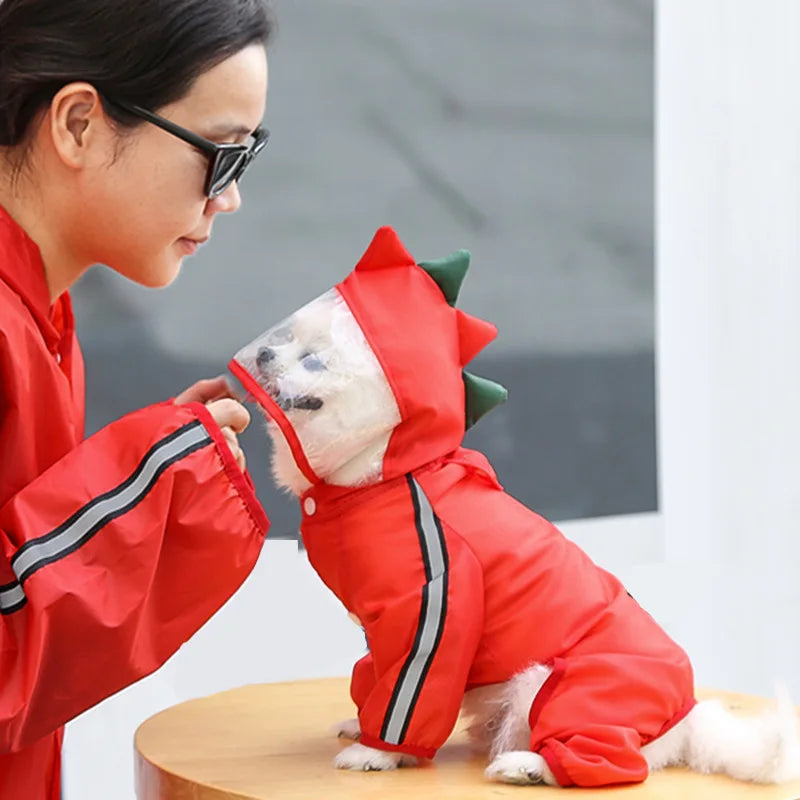 Fun Cartoon Puppy Four-Legged Raincoat Waterproof High Visibility Reflective Hooded Rain Jacket Ventilated Lined Outdoor Rain Suit for Dogs Cats