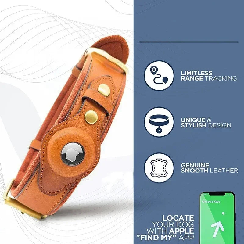 Solid and Anti Loss Genuine Leather Airtag Heavy Duty Dog Collar