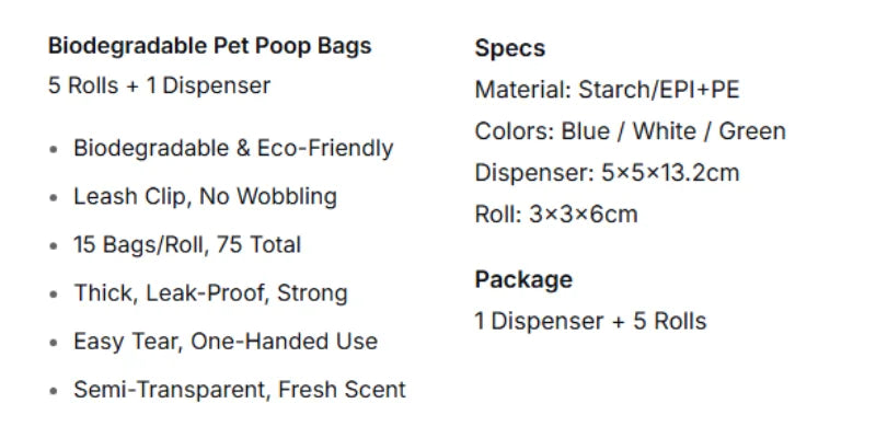 Dog Poop Bags Value Pack, 5 Rolls + 1 Dispenser with Leash Clip, Biodegradable Eco-Friendly Pet Waste Bags, No Wobbling