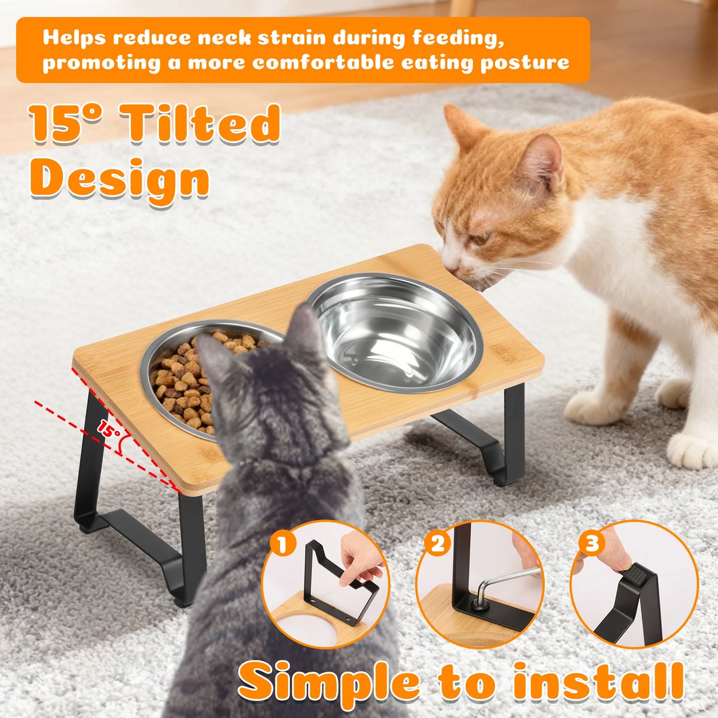 Wooden Elevated Cat Dog feeder Bowl Stand with 2 Stainless Steel Feeder bowl for Dry Wet Food Water Anti Slip Pet Supplies