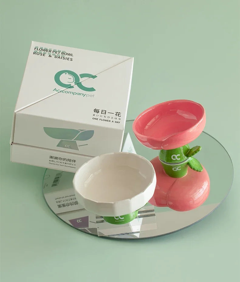 Tulip Shaped Elevated Ceramic Cat Bowl, Raised Pet Food Water Bowl for Cats, Anti-Vomiting Kitten Feeder