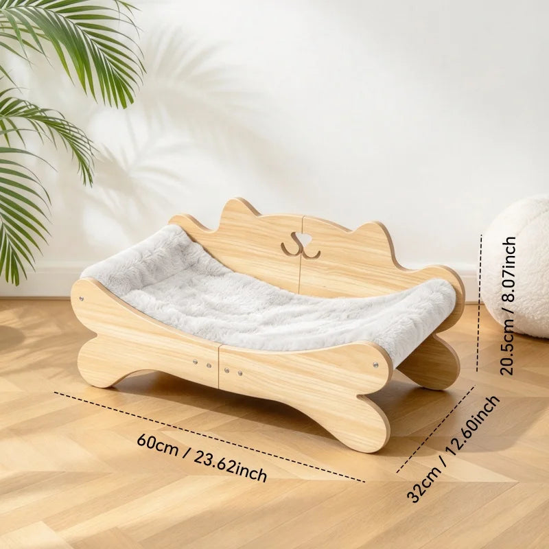 Coral Fleece Wooden Cat Bed, Elevated Anti-Slip Cat Lounge Chair, Modern Curved Pet Sofa for Indoor Kittens