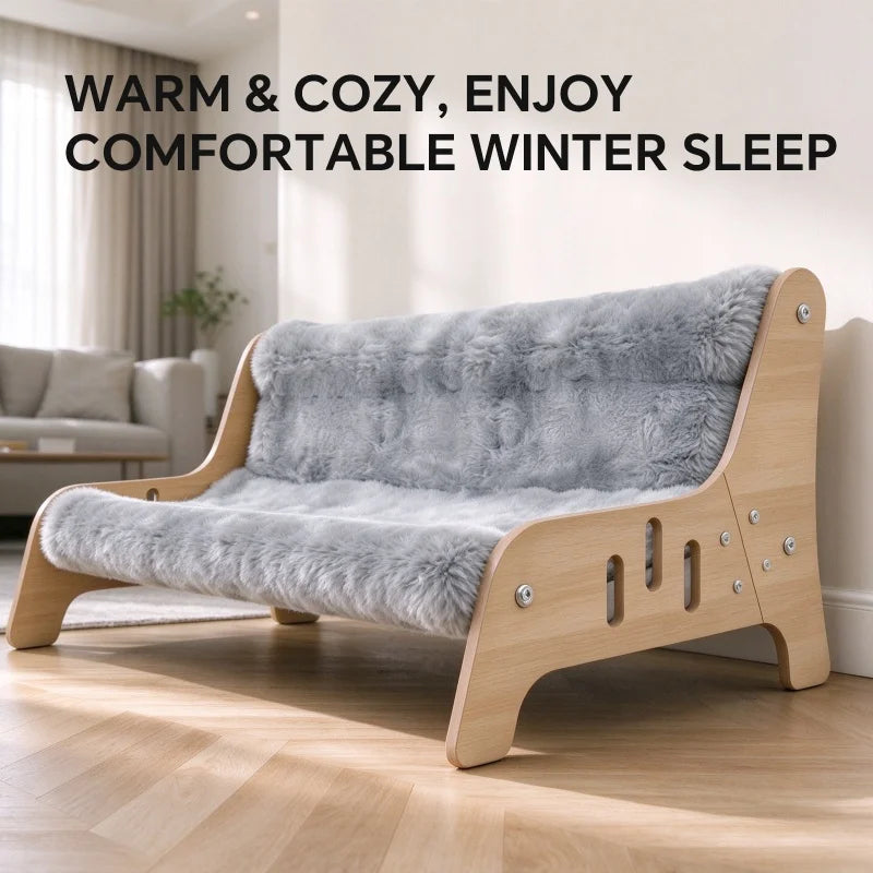 Coral Fleece Cat Sofa Bed with Wooden Frame for Indoor Kittens & Small Dogs, Cozy Puppy Den Lounge Chair