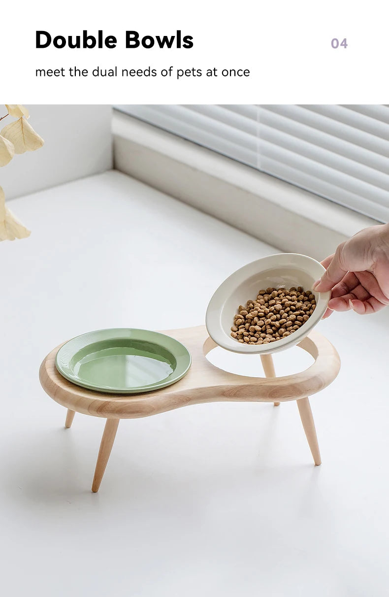 Cat Ceramic Bowl Small Dogs Double Food Water Bowls Pet Elevated Height Adjustable Drinking Eating Bowls with Wooden Stand