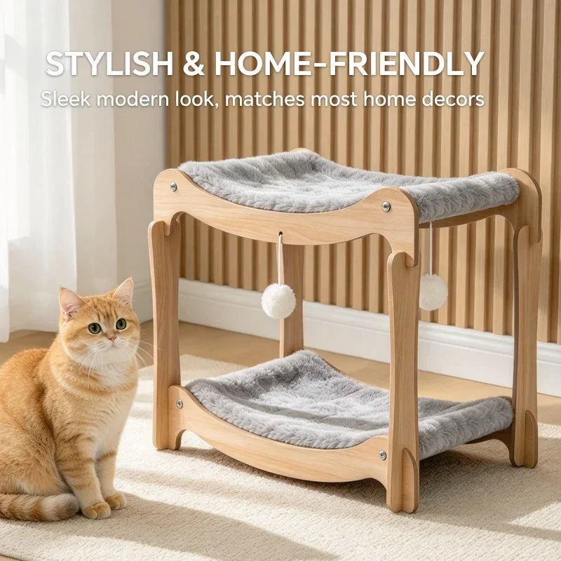 Christmas 2-Tier Wooden Cat Bed with Plush Pad, Ergonomic Curved Cat Lounge Chair, Holiday Pet Sofa Gift