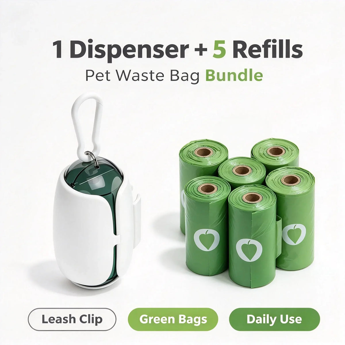 Dog Poop Bags Value Pack, 5 Rolls + 1 Dispenser with Leash Clip, Biodegradable Eco-Friendly Pet Waste Bags, No Wobbling