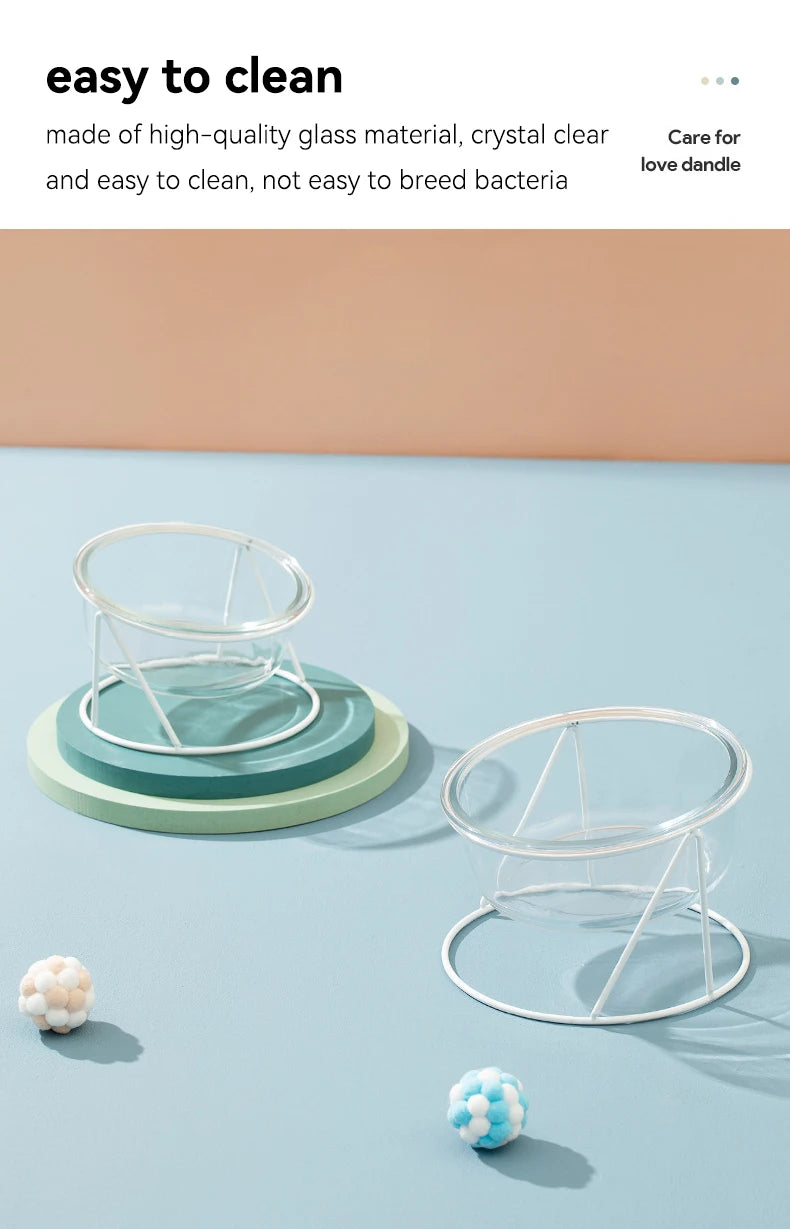 Cat Glass Food Water Bowl Elevated Small Dog Double Drinking Eating Bowls Pet Transparent Feeding Basin with Stand
